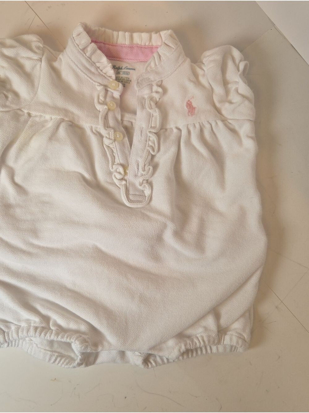 Ralph Lauren White Baby Polo Top with Pink Pony Embroidery